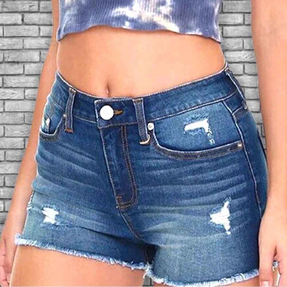 American Eagle Woman’s Tomgirl MIDI Distressed Medium Blue Denim Shorts Sz 8 - Picture 6 of 14